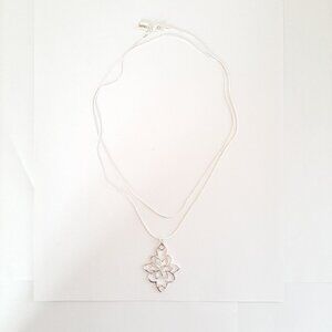 Chaps Long Silver Tone Pendant Necklace with Intricate Floral Geometric Design